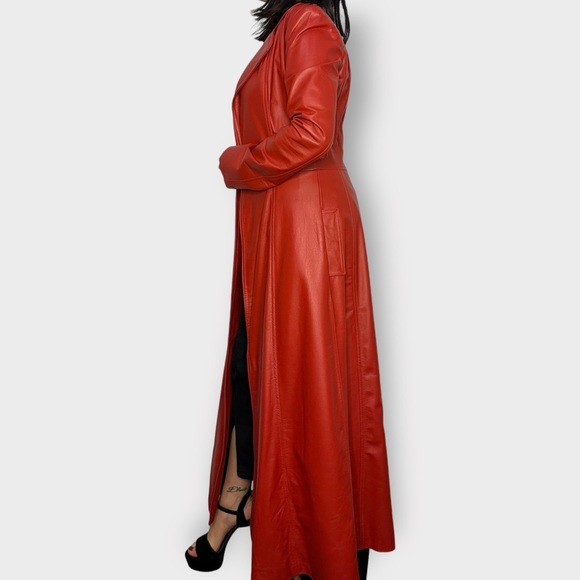 Vintage 1970’s Real Leather Full Length Red Open Coat - Picture 6 of 11
